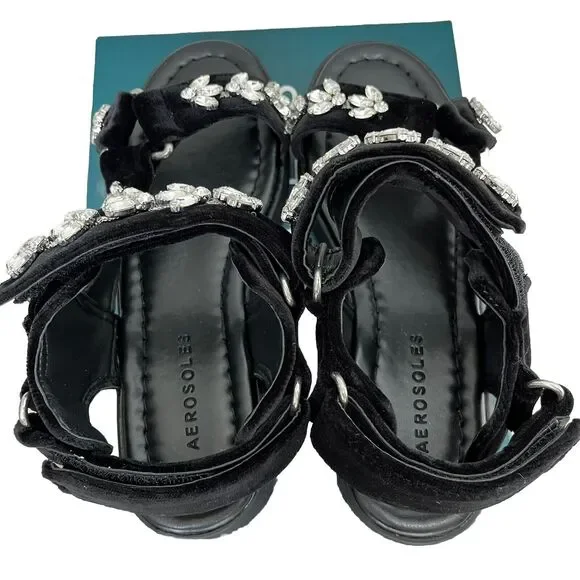 Aerosoles | Onda Black Velvet Crystals Chunky Sandals Size 5.5 NIB - Picture 5 of 7